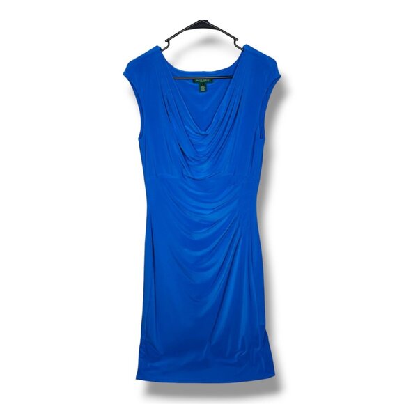 Lauren Ralph Lauren Womens Dress Cobalt Blue Cowl Neck Sleeveless Ruched Size 10 - Picture 1 of 9